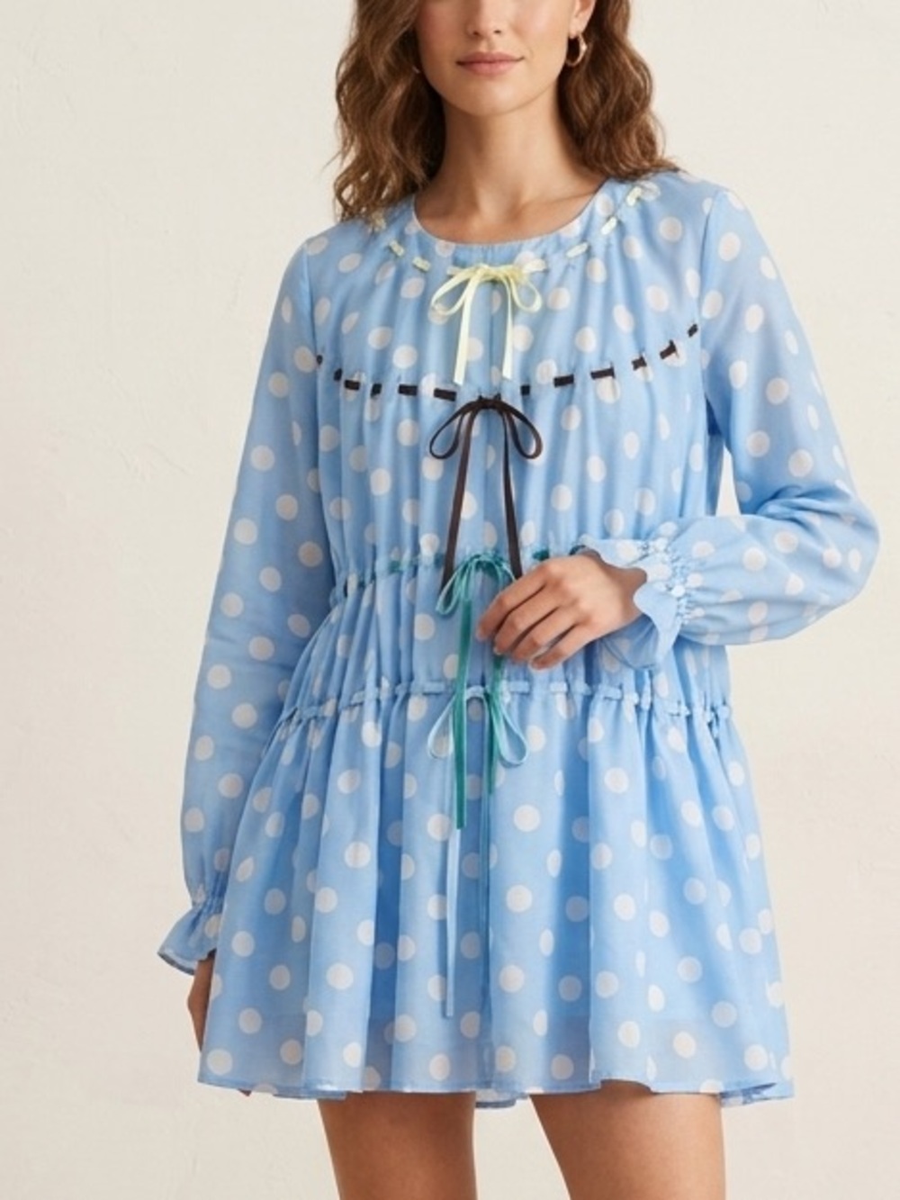 Jenny Fat Blue Polka Dot Long-Sleeve Mini Dress‎ Size Large